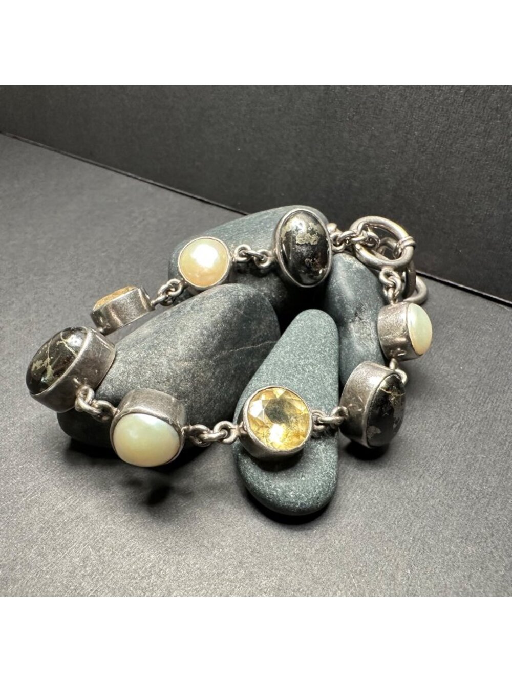 Starborn Sterling Silver 925 Signed Multi Stone Pearl Toggle Clasp Bracelet 7.5"